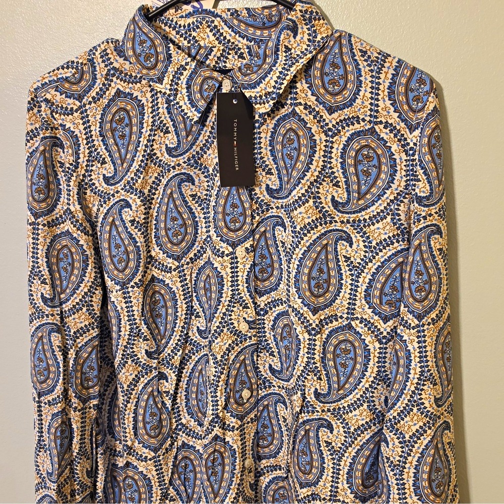 Tommy Hilfiger Blue Paisley Woven Viscose Collared LS Button-Up Blouse M #304